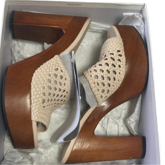 Veronica Beard Guadalupe Woven Leather Wooden-Heel Mules in Shell Women’s Size 8 - Picture 9 of 11